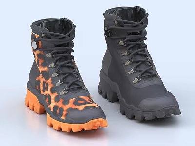 Gray Boots With Orange Leopard Print Design Metal Buckles Thick Soles And Outdoor Work Style 3d model