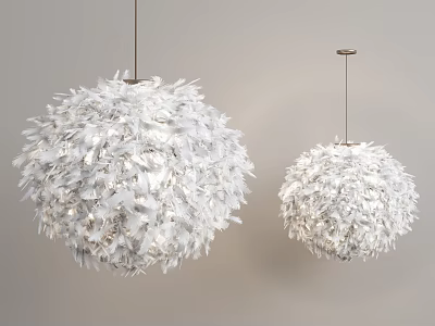 Modern White Fluffy Feather Like Spherical Pendant Lights Hanging On Gray Wall 3d model