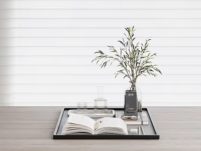 Open Book On Black Tray With Green Plant Transparent Bottle And Wooden Tabletop 3d model