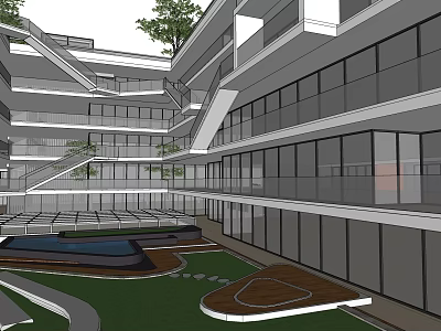 Modern Office Building With Glass Facades Internal Courtyard Green Lawn And Water Pool 3d model