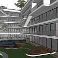 Modern Office Building With Glass Facades Internal Courtyard Green Lawn And Water Pool