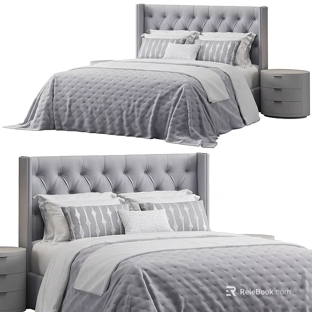 Gray Double Bed with Tufted Headboard Quilted Bedspread Striped Pillows and Matching Nightstand 3d model 