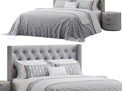 Gray Double Bed with Tufted Headboard Quilted Bedspread Striped Pillows and Matching Nightstand 3d model