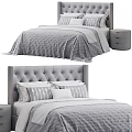 Gray Double Bed with Tufted Headboard Quilted Bedspread Striped Pillows and Matching Nightstand