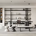 Modern Study Room Interior Design With Open Shelves Books Desk Potted Plant And Rug