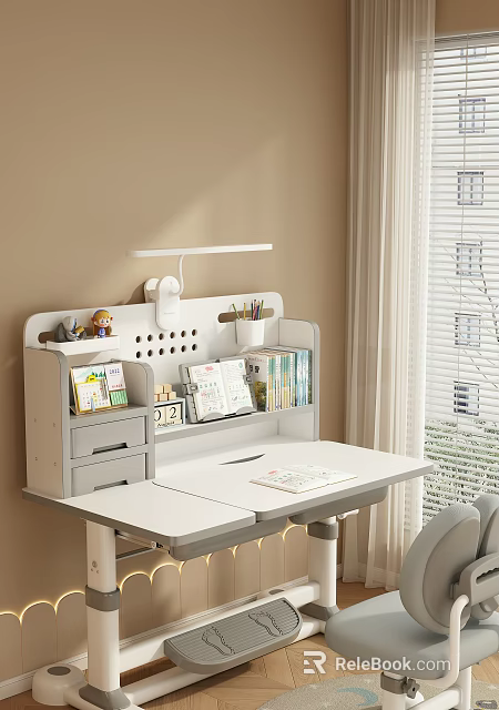 White Kids Desk with Bookshelf Drawers Desk Lamp Stationery Books for Study in Bright Room 3d model 