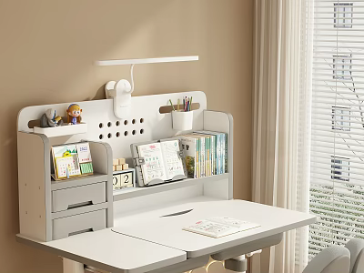 White Kids Desk with Bookshelf Drawers Desk Lamp Stationery Books for Study in Bright Room 3d model