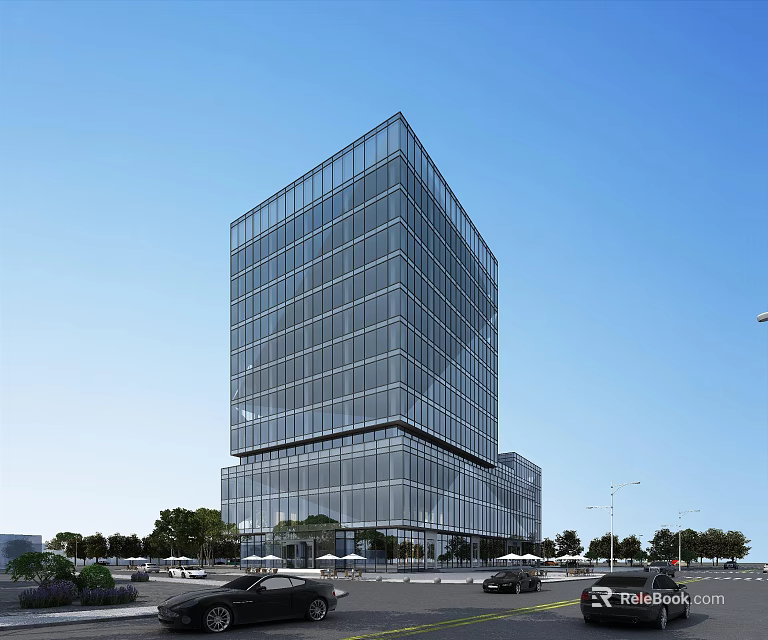 Modern High Rise Office Building With Glass Curtain Wall Surrounded By Trees Roads And Cars 3d model 