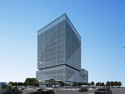 Modern High Rise Office Building With Glass Curtain Wall Surrounded By Trees Roads And Cars 3d model