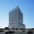 Modern High Rise Office Building With Glass Curtain Wall Surrounded By Trees Roads And Cars