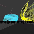 Stunning Night Urban Landscape With Fireworks Modern Curved Building And Crowd Gathering