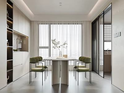 Modern Dining Room With White Cabinets Large Windows White Curtains Green Chairs Table And Plant 3d model