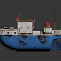 Blue And White Wooden Boat With Small Cabin Red Green Boxes And Antenna On Deck