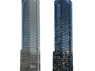 Modern Twin Office Buildings With Glass Facades And Evening Lighting Design 3d model