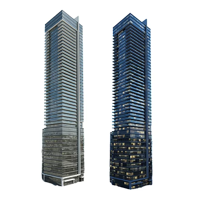 Modern Twin Office Buildings With Glass Facades And Evening Lighting Design 3d model
