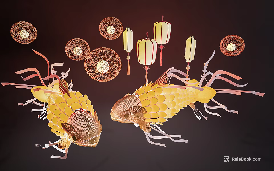 Traditional Golden Fish Shaped Lanterns With Round Decorative Lanterns And Tassels 3d model 