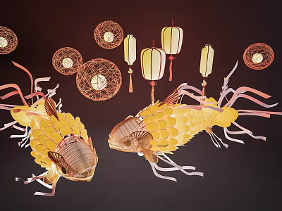 Traditional Golden Fish Shaped Lanterns With Round Decorative Lanterns And Tassels 3d model