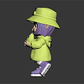Cute Child With Purple Hair Yellow Bucket Hat Black Eye Design Yellow Coat Purple Shoes