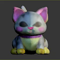 Colorful Striped Cat Toy Figure With Pink Ears Blue Body Yellow Paws And Purple Collar