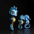 Cute Blue Aquatic Animals Cartoon Seahorses With Yellow Bellies Red Eyes On Black Background