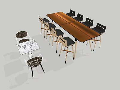 Stylish Dining Table Set With Long Wooden Tabletop High Back Chairs And Round Side Tables 3d model