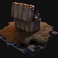 Vintage Open Wooden Box Containing Antique Telescope And Map On Stone Platform