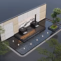 Outdoor Water Fountain With Decorative Wall And Ambient Lighting In Courtyard