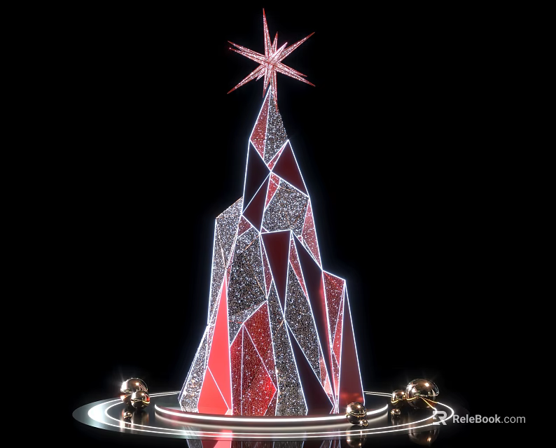 Geometric Red And Silver Art Installation With Star Topped Design And Golden Spheres Base 3d model 