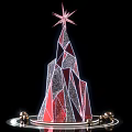 Geometric Red And Silver Art Installation With Star Topped Design And Golden Spheres Base
