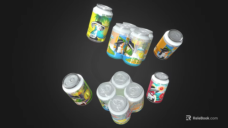 Assorted Canned Beverages With Creative Colorful Labels And Various Flavors 3d model 