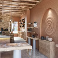 Ceramic Vessels Display In Rustic Interior With Brick Wall Wooden Shelves And Hanging Light
