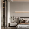 Modern Bedroom Interior with Bed Pillows Nightstands Area Rug Paneled Walls and Ceiling Lighting Design