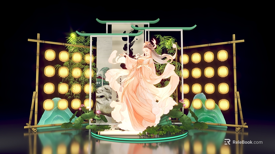 Chinese Ancient Style Photo Spot Featuring Ancient Costume Lady Lanterns Bamboo Rockery And Screen 3d model 