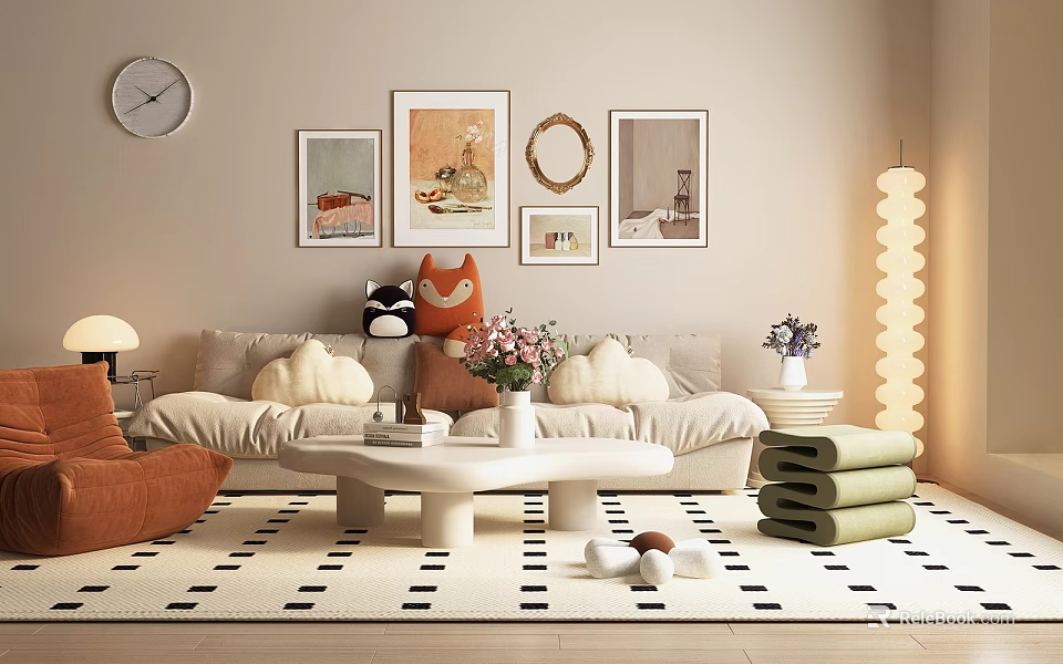 Beige Sofa and White Coffee Table Set with Decorative Paintings Pillows and Cozy Rug 3d model 