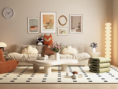 Beige Sofa and White Coffee Table Set with Decorative Paintings Pillows and Cozy Rug 3d model