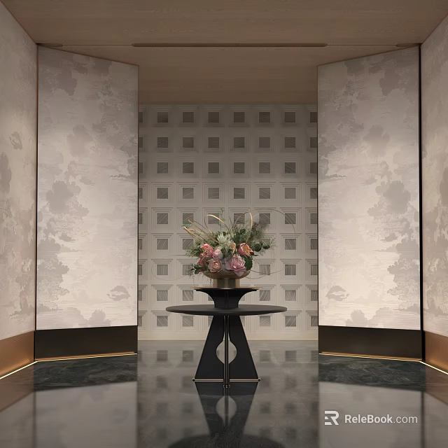 Elegant Vase With Colorful Flowers On Black Table In Modern Decorative Room Setting With Stylish Wall Panels 3d model 