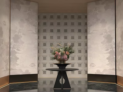 Elegant Vase With Colorful Flowers On Black Table In Modern Decorative Room Setting With Stylish Wall Panels 3d model