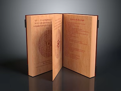 Open Wooden Book With Intricate Text And Decorative Design On Pages 3d model