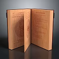 Open Wooden Book With Intricate Text And Decorative Design On Pages