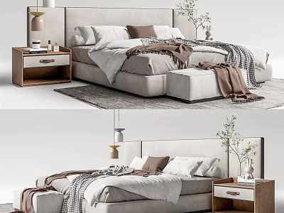 Cozy Modern Double Bed With Soft Headboard Bedding Nightstand And Decorative Lamp 3d model