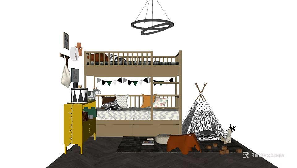 Kids Bedroom Interior With Bunk Bed Teepee Bunting Flags Yellow Cabinet And Stuffed Bear 3d model 