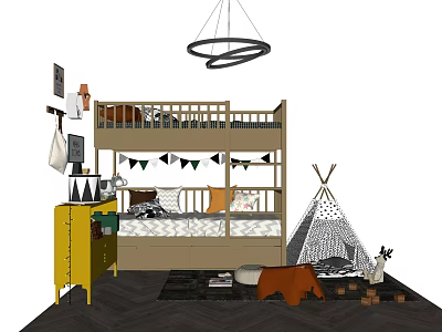 Kids Bedroom Interior With Bunk Bed Teepee Bunting Flags Yellow Cabinet And Stuffed Bear 3d model