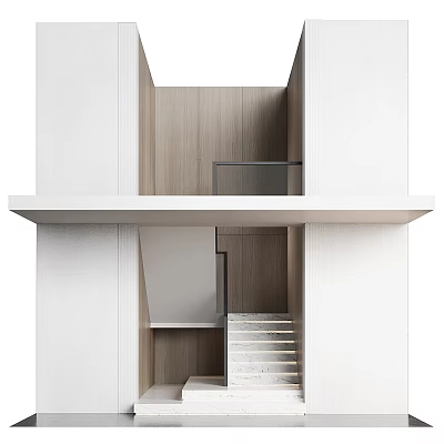 Modern Staircase With Wooden Steps And White Walls Glass Railing Interior Design 3d model