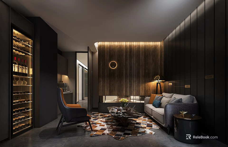 Modern Hotel Public Lounge Area With Dark Walls Wooden Decor Sofa And Coffee Table 3d model 