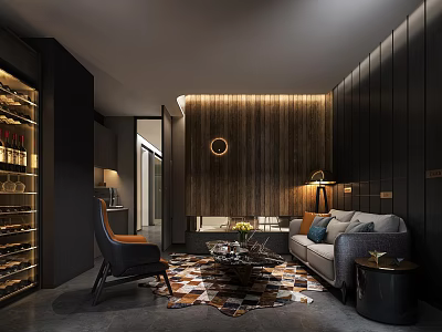 Modern Hotel Public Lounge Area With Dark Walls Wooden Decor Sofa And Coffee Table 3d model