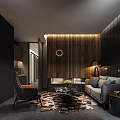 Modern Hotel Public Lounge Area With Dark Walls Wooden Decor Sofa And Coffee Table