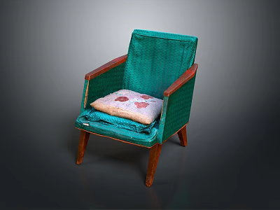Teal Accent Chair With Wooden Armrests And Legs Featuring Decorative Cushion With Red Patterns 3d model