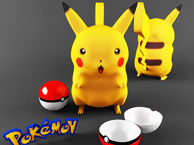 Pokémon Game Character Pikachu With Red Cheeks Poké Ball And White Bowls 3d model