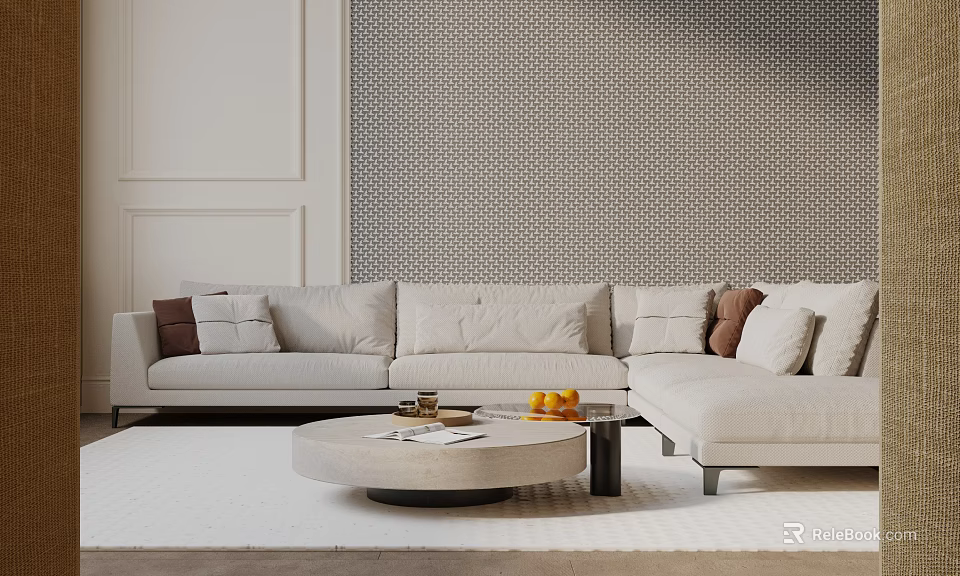 Three Seater Sofa In Light Beige With Brown Beige Cushions Round Coffee Table Hexagonal Wallpaper 3d model 