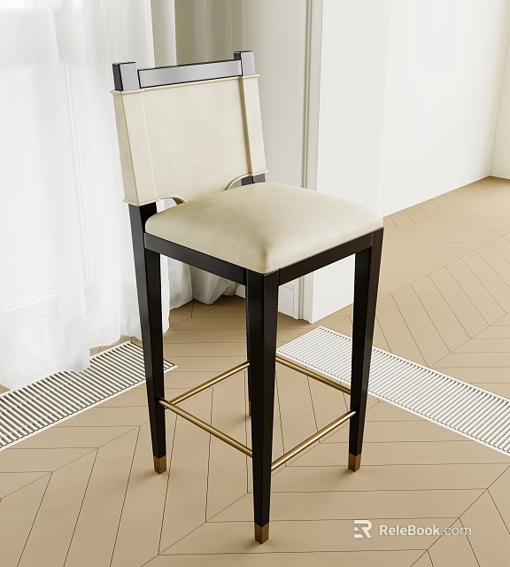 Elegant Modern Bar Stool With Black Frame Beige Velvet Cushion And Gold Legs 3d model 